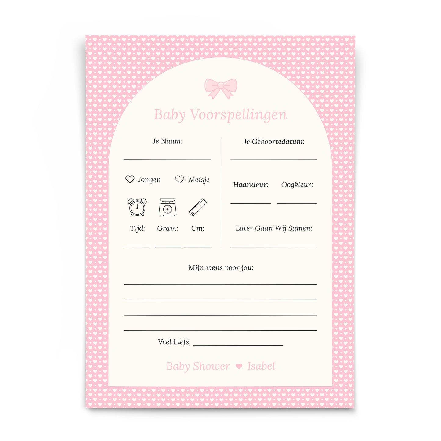 Gepersonaliseerde Babyshower Invulkaarten Set - Roze Hartjes