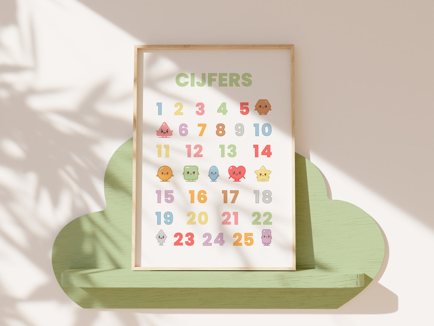 Premium Fine Art Kawaii Kinderposters – Leren met Kleuren, Vormen & Letters (6-delige Set Inclusief Lijst)