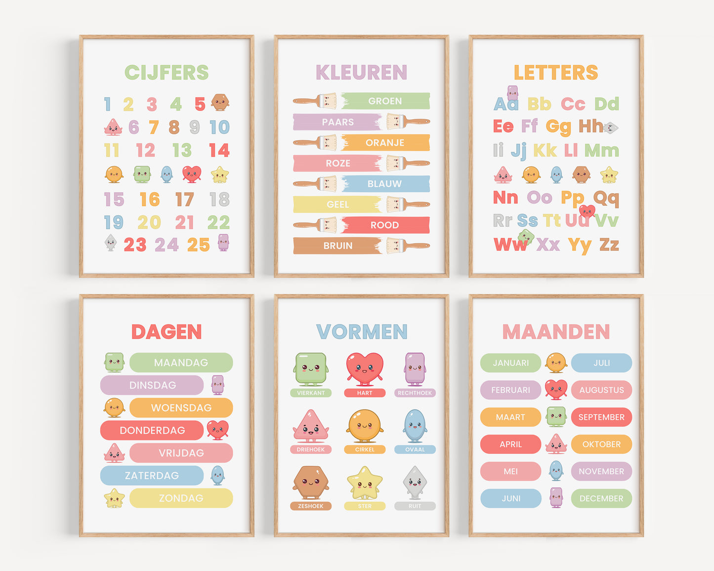 Premium Fine Art Kawaii Kinderposters – Leren met Kleuren, Vormen & Letters (6-delige Set Inclusief Lijst)