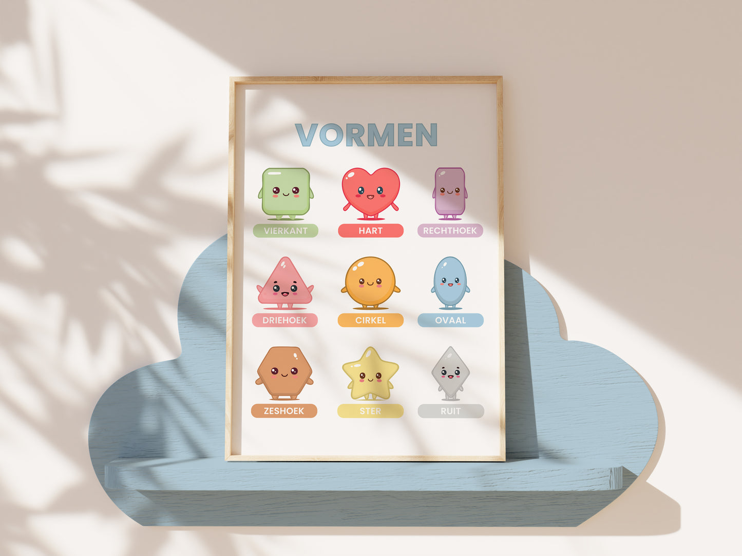 Premium Fine Art Kawaii Kinderposters – Leren met Kleuren, Vormen & Letters (6-delige Set Inclusief Lijst)