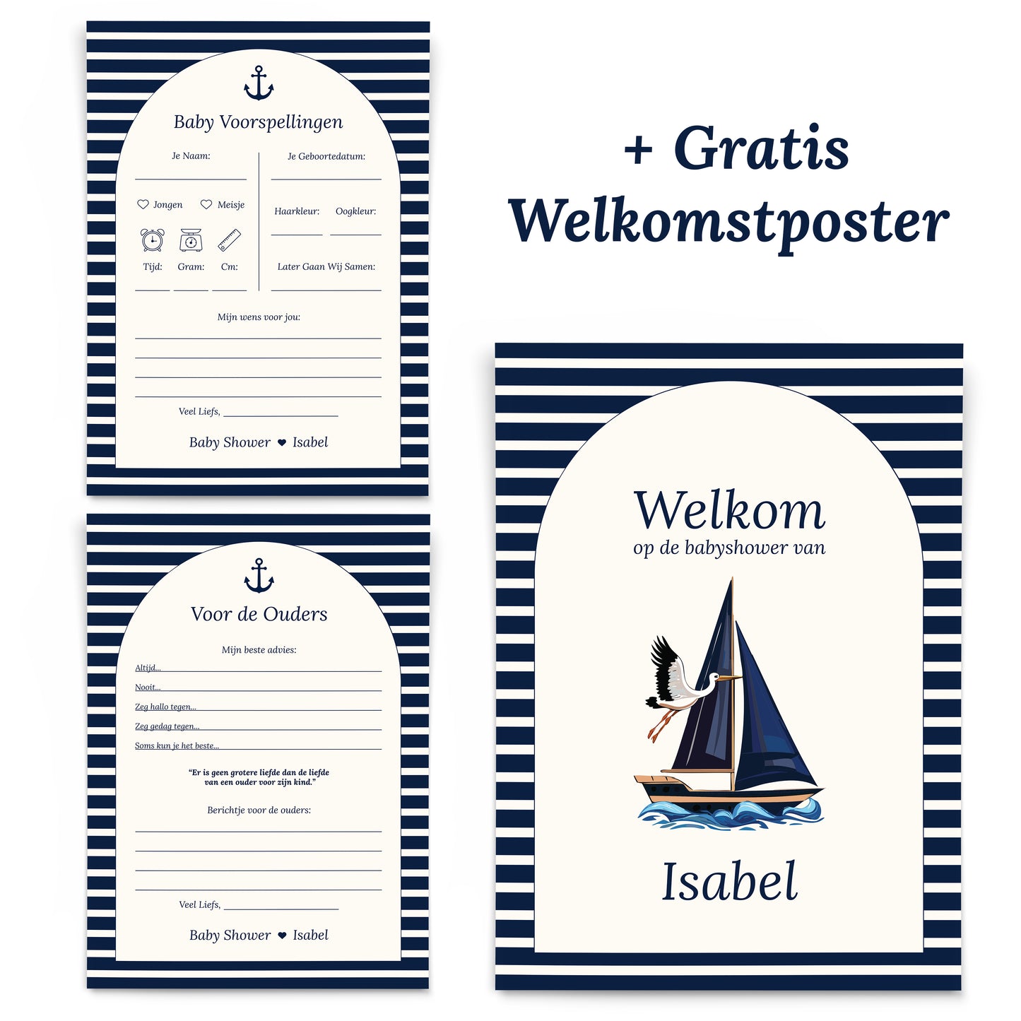 Gepersonaliseerde Babyshower Invulkaarten Set - Navy Blue