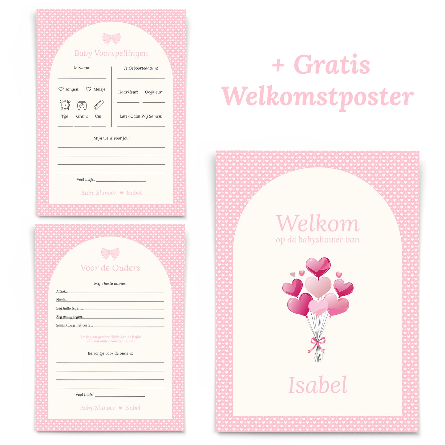Gepersonaliseerde Babyshower Invulkaarten Set - Roze Hartjes